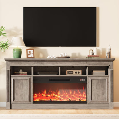 Garvee 68" Farmhouse Electric Fireplace TV Stand, Entertainment Center with Open Storage Cabinets for TVs up to 75", Media Console for Living Room,Grey