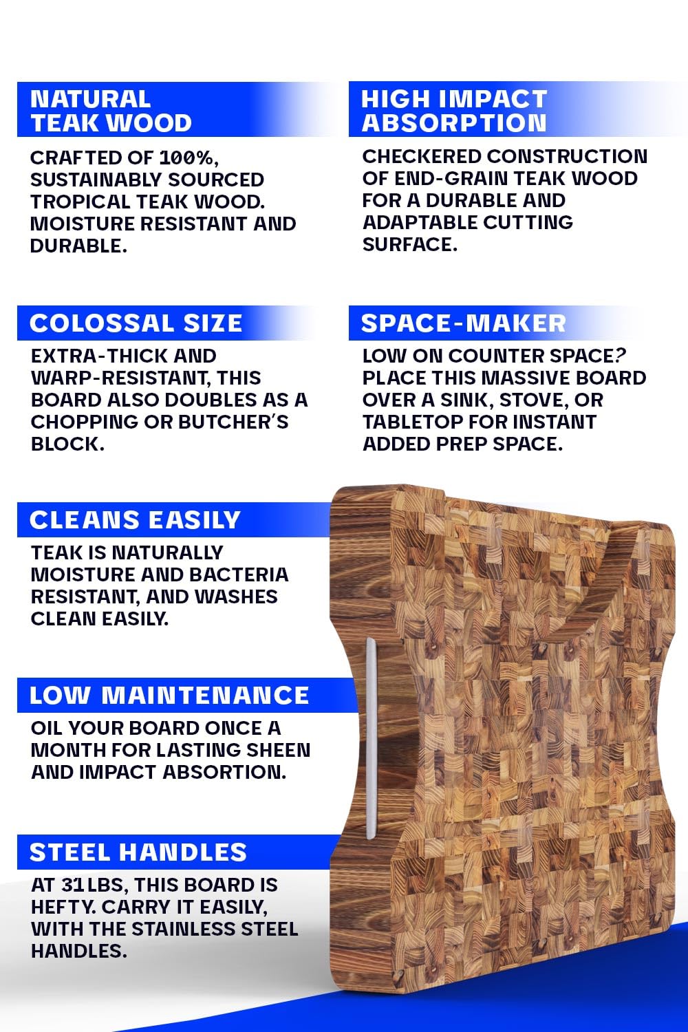 Dalstrong Massive XL Cutting Board - Lionswood End-Grain Teak - 25" x 18"-Steel Carrying Handles -Serving Board - Large Cutting Boards For Kitchen- eat Cutting Board-Two Sizes