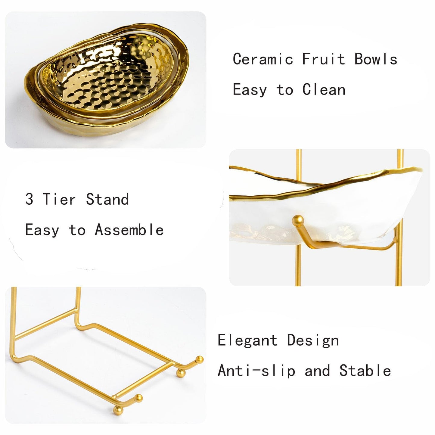 Afeyibu 3-Tier Fruit Bowls for Kitchen Counter,Ceramic Bowl with Gold Metal Stand,3 Tier Fruit Basket for Fruit,Snack,Cake,Nuts,Dessert Storage