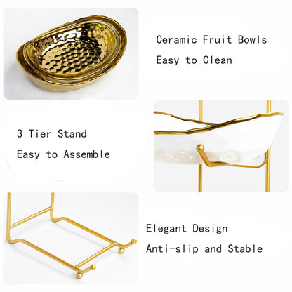 Afeyibu 3-Tier Fruit Bowls for Kitchen Counter,Ceramic Bowl with Gold Metal Stand,3 Tier Fruit Basket for Fruit,Snack,Cake,Nuts,Dessert Storage