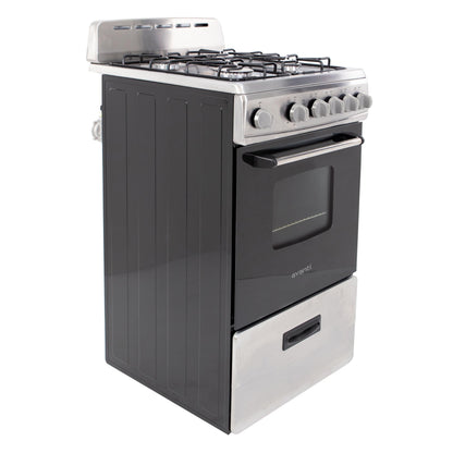 Avanti Gas Range Oven, Compact Freestanding Design, 4 Sealed Burners with Electronic Ignition, 2.1 Cu.Ft. Capacity Features Storage Drawer Broiler and Accessories, 20-Inch, Black