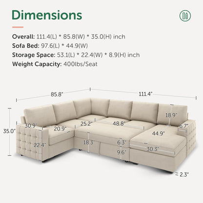 HONBAY Sectional Sleeper Sofa with Pull-Out Bed Storage Chaise, 6 Seaters Couch for Living Room, Beige