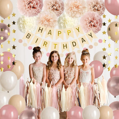 Iysoll Blush Beige Birthday Party Decorations Boho Happy Birthday Decorations Banner Retro Pink Nude Ivory Balloon Paper Pom Poms Tassel Garland Décor Supplies for Girls Women