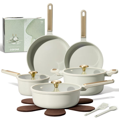 CAROTE Ceramic Cookware Set Nonstick, 14pcs Pots and Pans Set Nonstick, Non-Toxic & PFAS-Free, Dishwasher, RV/Camping Cookware Set, Cooking Pots with Lids, Sage Green