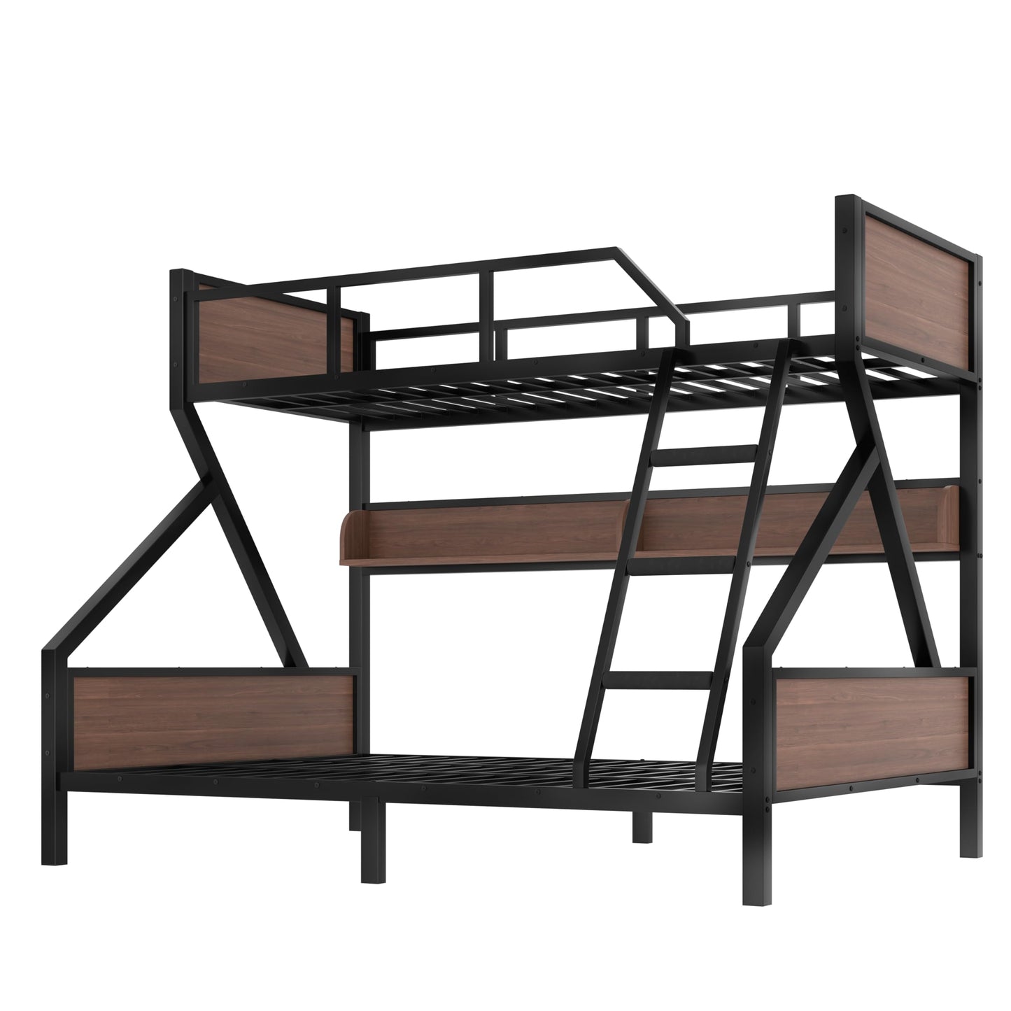 Bellemave Metal Bunk Bed Twin XL Over Queen Size with Storage Shelves & LED Light,Heavy Duty Bunk Bed Frame with Wood Board & Sturdy Slats,Twin XL Over Queen Bunk Beds for Bedroom,Noise Free, Black