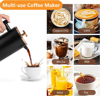1500ml, 50oz, Stainless Steel French Press Coffee Maker Black Double-Wall Insulated Large French Coffee Press