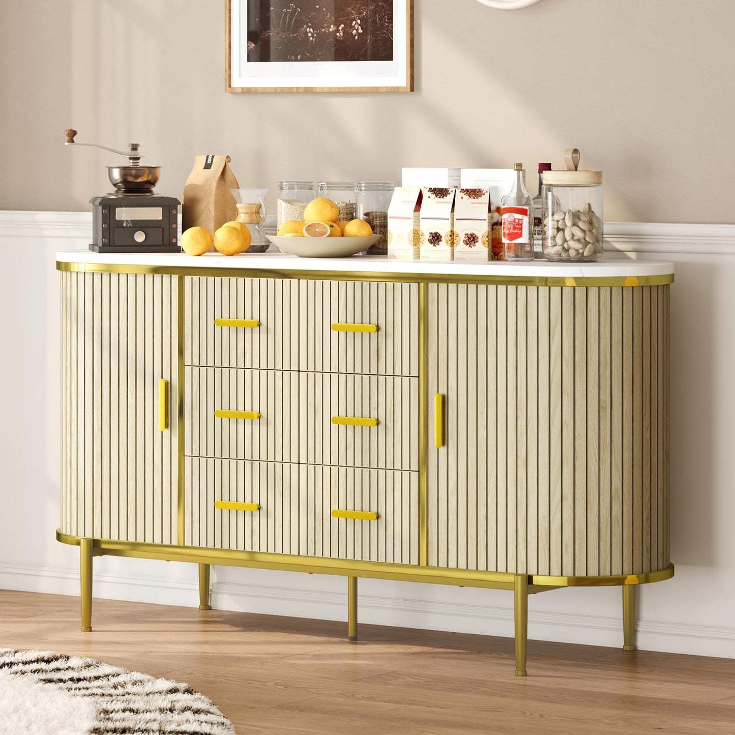 BouPower 59" Modern Fluted Sideboard Buffet Cabinet with Faux Marble Top, Record Player Stand Storage Cabinet with 2 Doors & 6 Drawers, Coffee Bar Console Table for Dining Room, Living Room, Kitchen