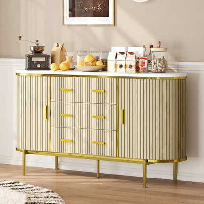 BouPower 59" Modern Fluted Sideboard Buffet Cabinet with Faux Marble Top, Record Player Stand Storage Cabinet with 2 Doors & 6 Drawers, Coffee Bar Console Table for Dining Room, Living Room, Kitchen