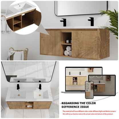 Trygoal Floating Bathroom Vanity, 48" Bathroom Storage Cabinet with Double Resin Sinks, 2 Soft-Close Doors & 2 Open Storage Shelves, Modern Wall-Mounted Vanity with 45° Bevel Handles, Oak