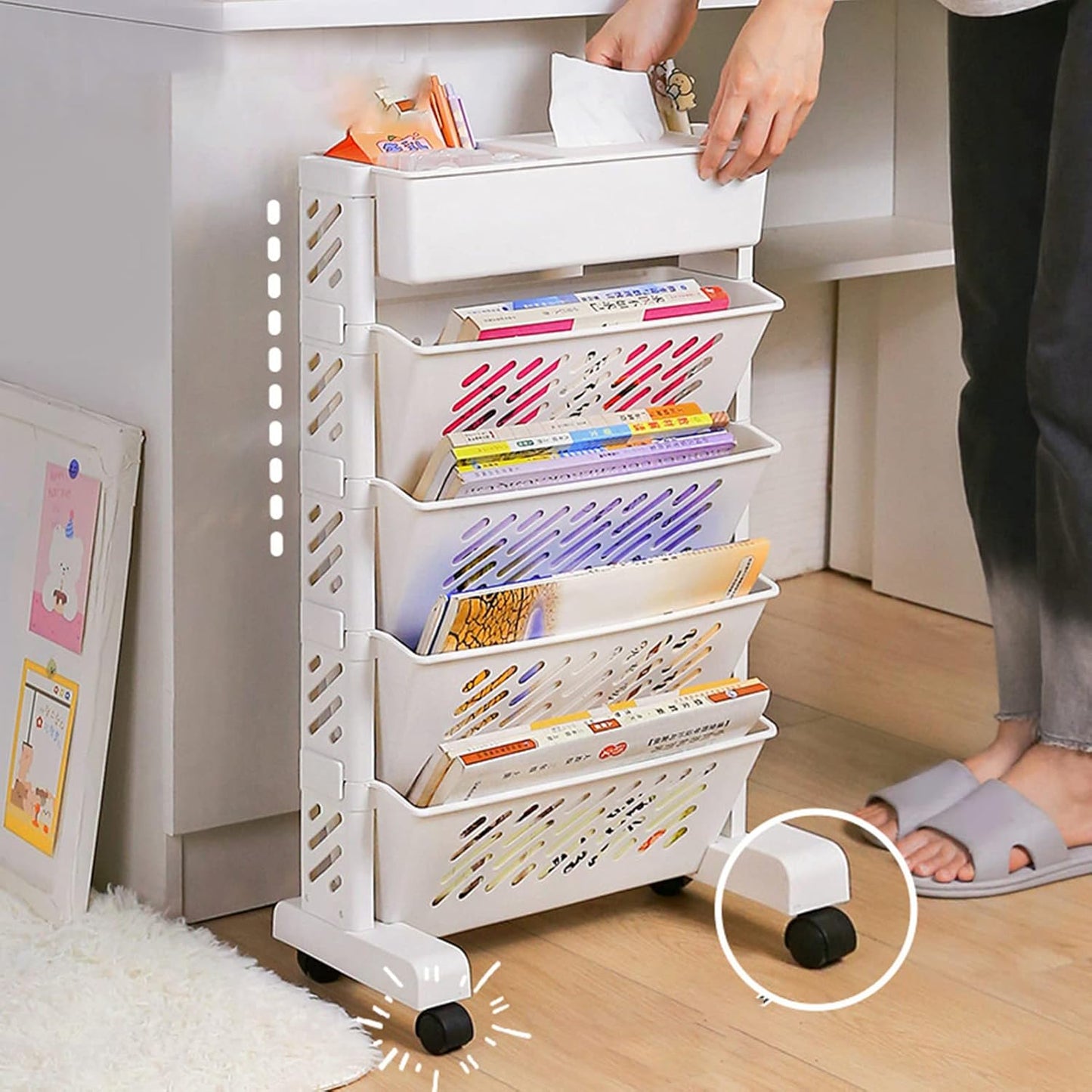 Carts with Wheels, Rolling Organization Shelf Desk Organizer, 5-Tier Plastic Rolling Utility Cart for Office