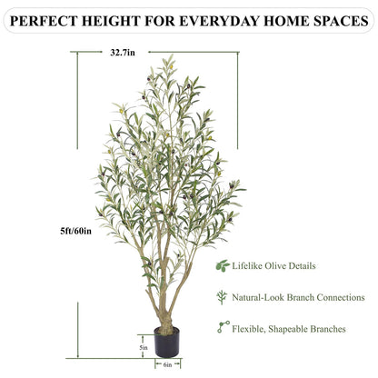 Nafresh 5ft Tall Faux Olive Tree，60in Realistic Potted Silk Artificial Olive Tree for Indoor Outdoor Living Room Bedroom Office Home Decor