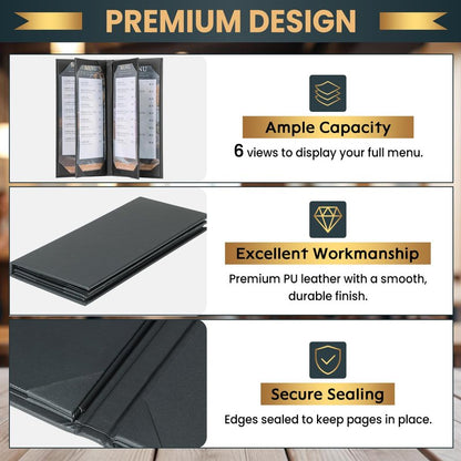 AMGSH 12 Pack 6 View Menu Holder Menu Covers 4.25" x 11" | Black Leather Menu Sleeves Book Style for Restaurant Coffee Bars Wine List