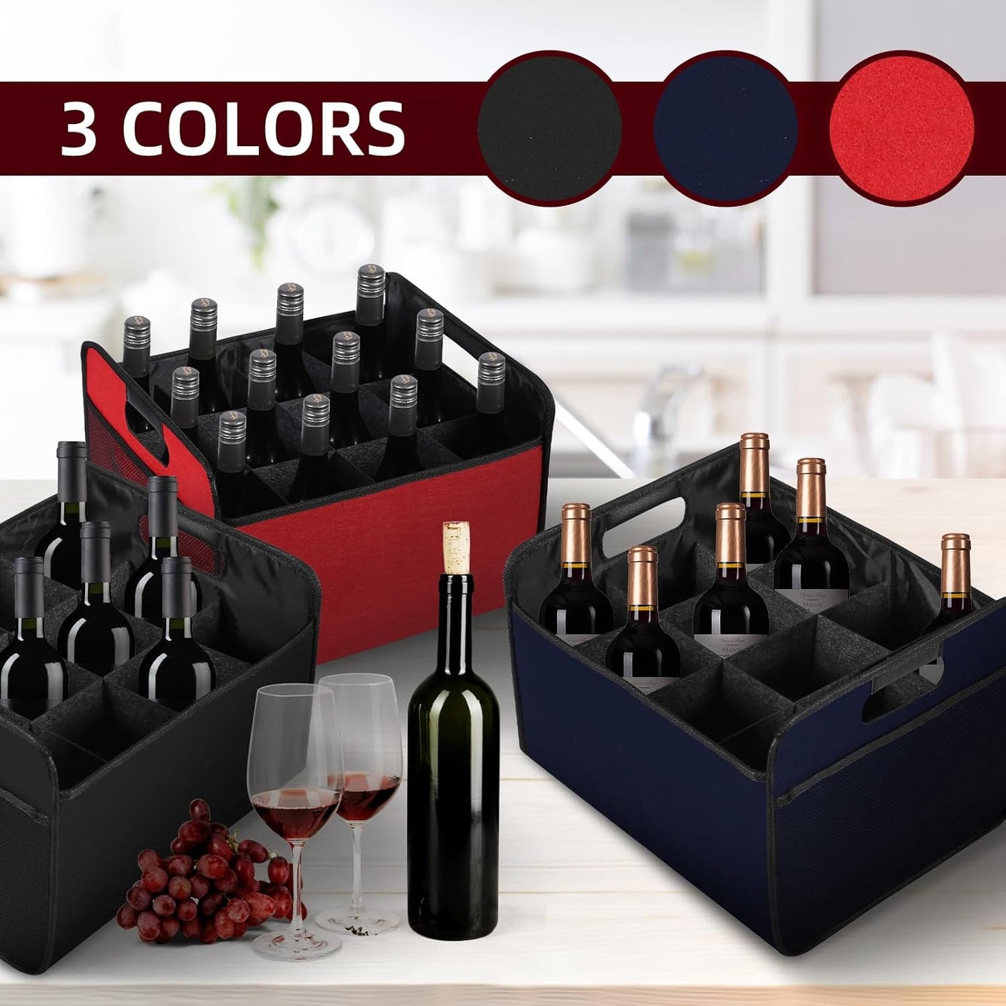 12 Bottle Wine Carrier - Collapsible Premium Felt Tote with Handles for Travel, Party, Picnic, Black