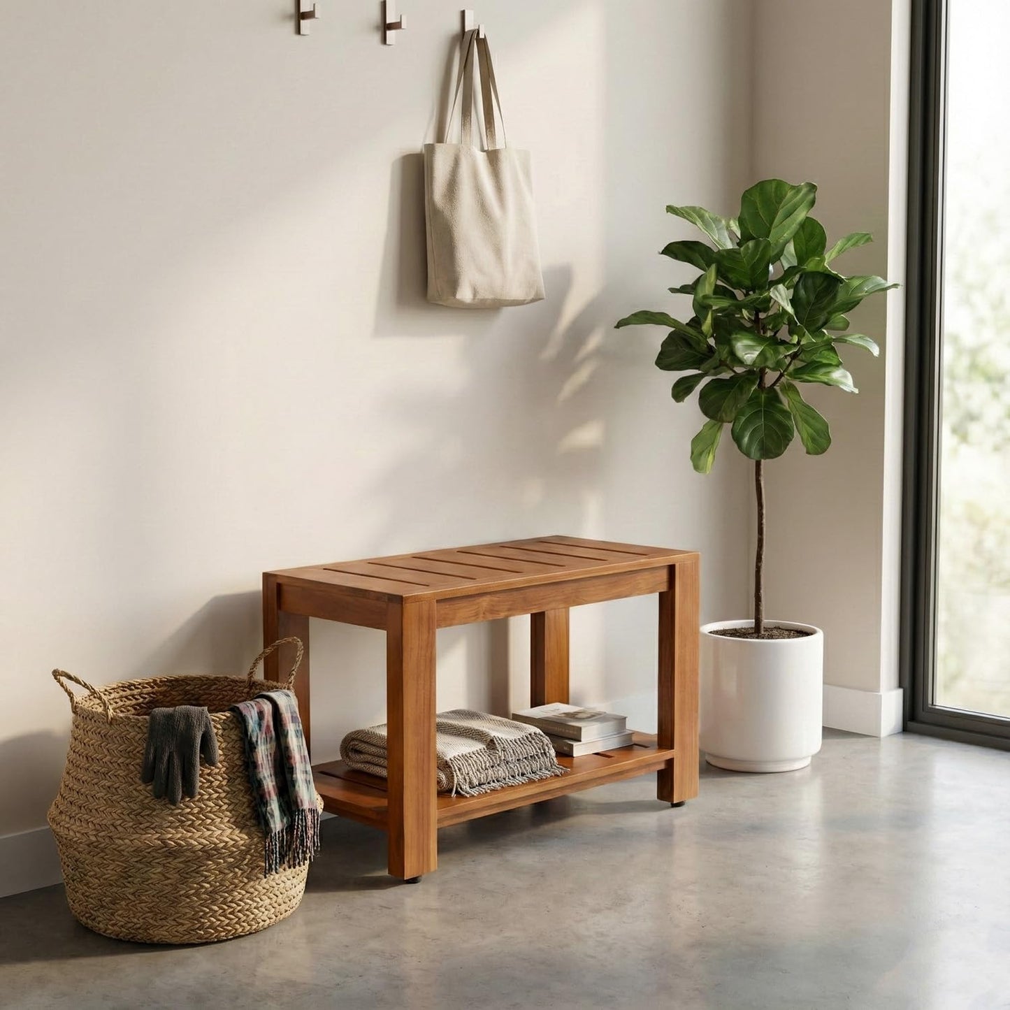 TeakCraft Teak Shower Bench with Shelf, 24” Wide, Shower Stool, Fully Assembled Bathroom Shower Seat, Water-Resistant Spa Bath Bench for Shower, Bathroom & Entryway, The Tara