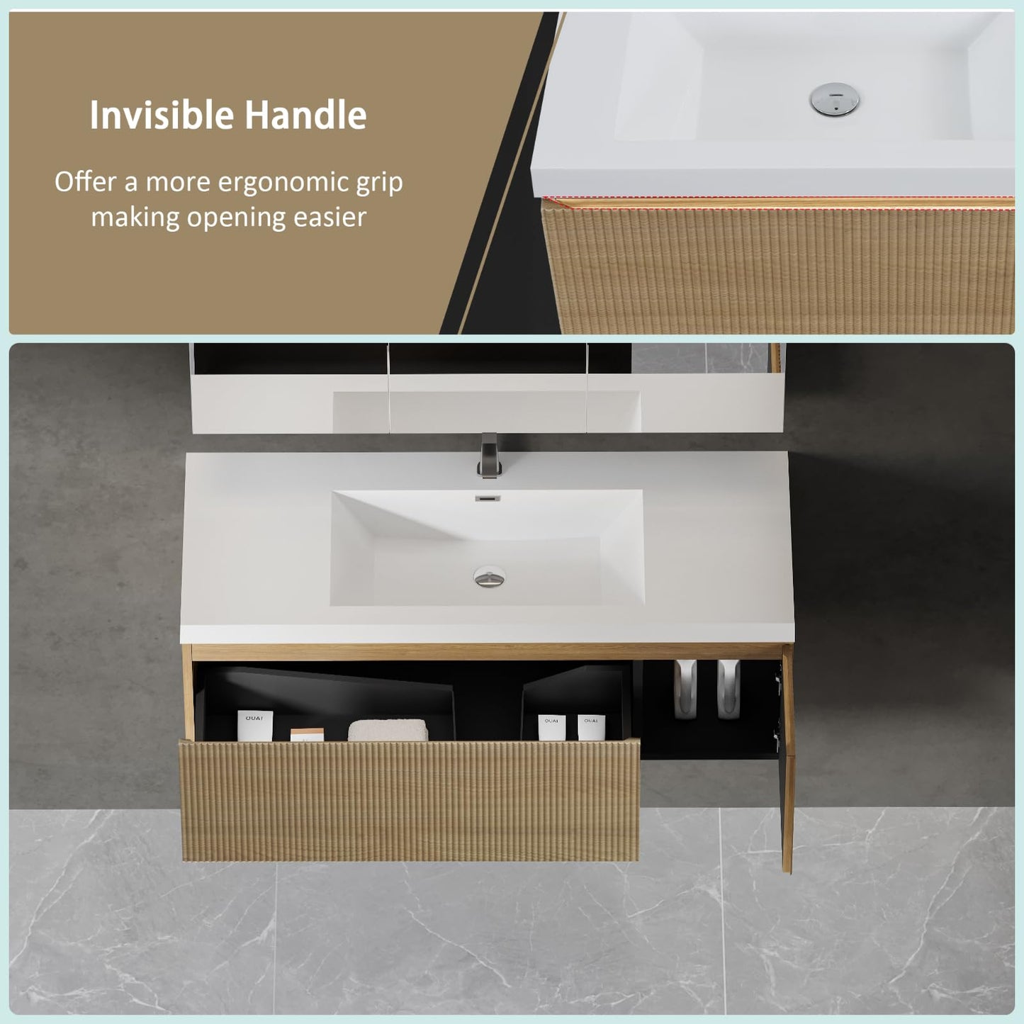 Trygoal Wall Mounted Bathroom Sink Vanity, Modern 48" Floating Vanity with Resin Basin, U-Shaped Soft-Close Storage Drawer & Side Door, Striped Bathroom Storage Cabinet with Invisible Handle, Wood