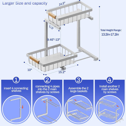 ADBIU 2 Pack Under Sink Organizers and Storage, Height Adjustable 2-Tier Pull Out Cabinet Organizer, Heavy Duty Slide Out Sink Shelf Drawer for Kitchen Bathroom Organization