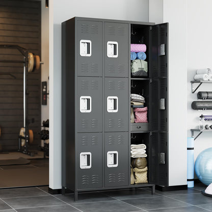 PhoenixCrest Metal Locker with 3 Doors & 9 Hooks, Heavy Duty Steel Storage Locker for Gym, Home, Office, School, Ventilated Design with Privacy Vents, Easy Assembly, Black