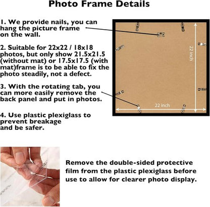 JCJMY 22x22 Black Picture Frame - Display 18x18 Photos with Mat or 22x22 Without Mat | Shatter-Resistant Plexiglass