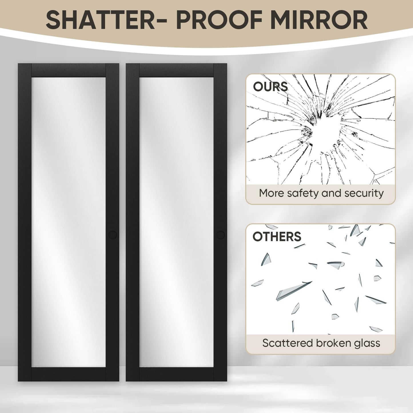 JUBEST 48" x 80" Mirror Closet Door, Preassembled One Side Mirror Door with Hardware Kit & Matching Fascia, Solid Wood Frame with Water-Proof PVC Surface, Easy to Install, Black