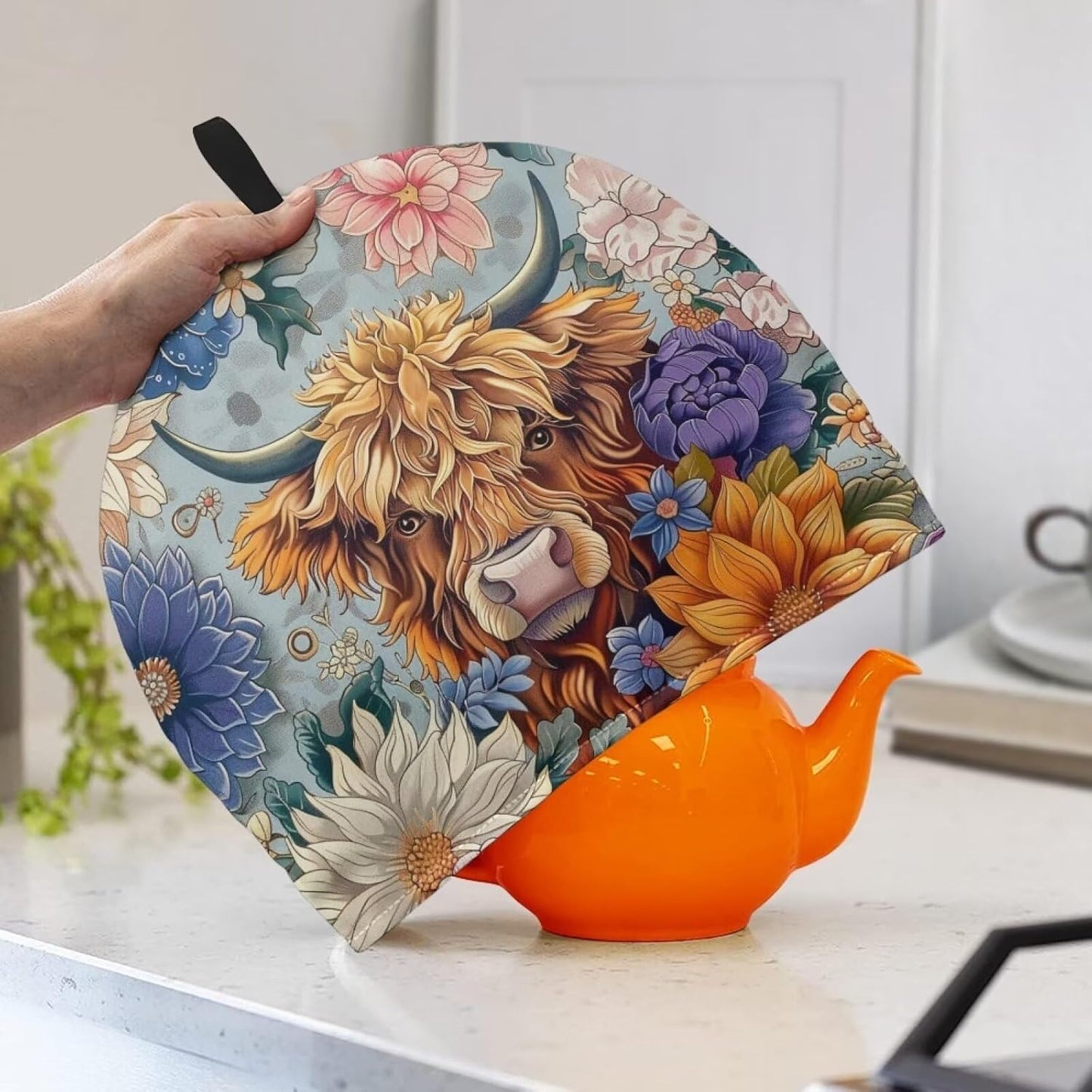 Highland Cow Tea Cozy for Teapot, Insulated Flower Tea Pot Cover, Bohemia Kettle Dust Cover for Kitchen