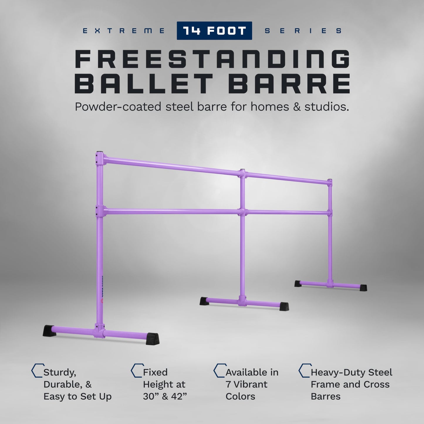VITA Barre Portable Freestanding Double Ballet Barre, Extreme, 14 Ft Bars, Purple, Steel | Fixed Height, Made in USA, Home or Gym Exercise Equipment for Kids & Adults | Dance, Fitness, Pilates