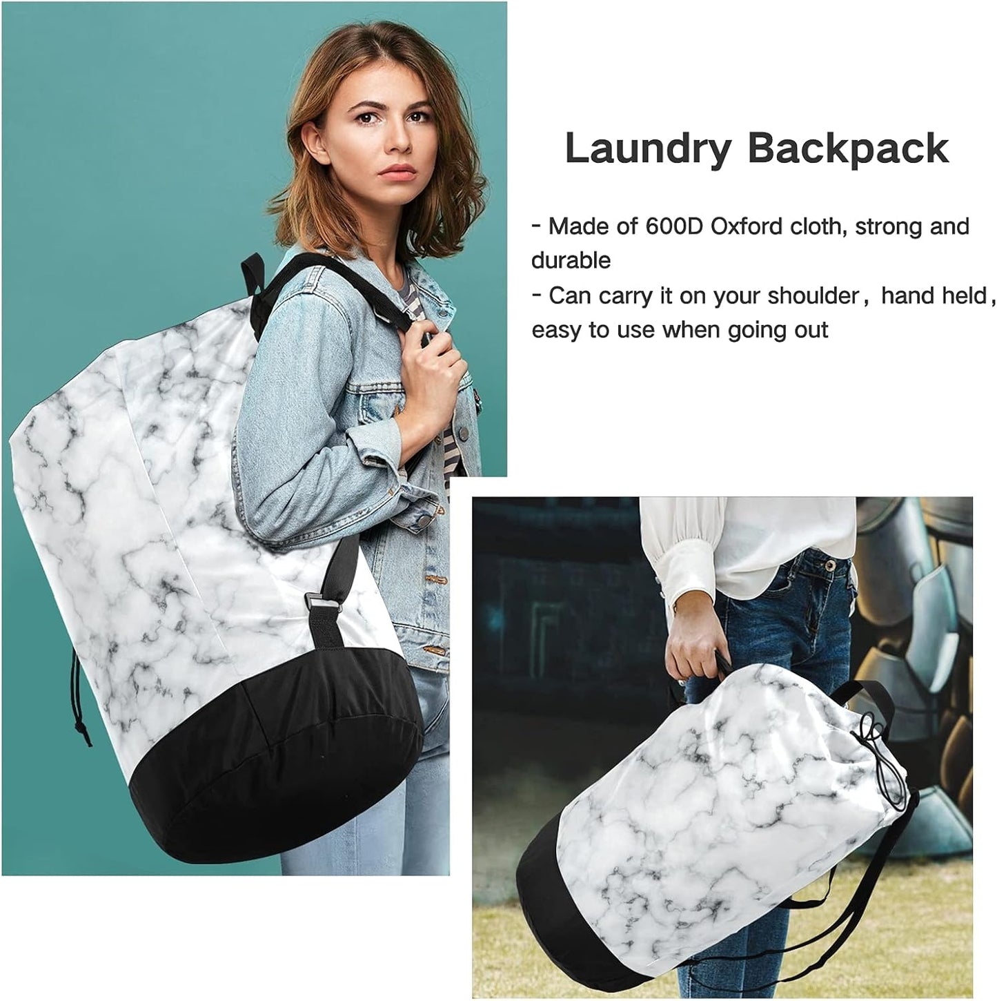 White Marble Laundry Bag, Large Heavy Duty Backpack for College Students, Washable with Shoulder Straps