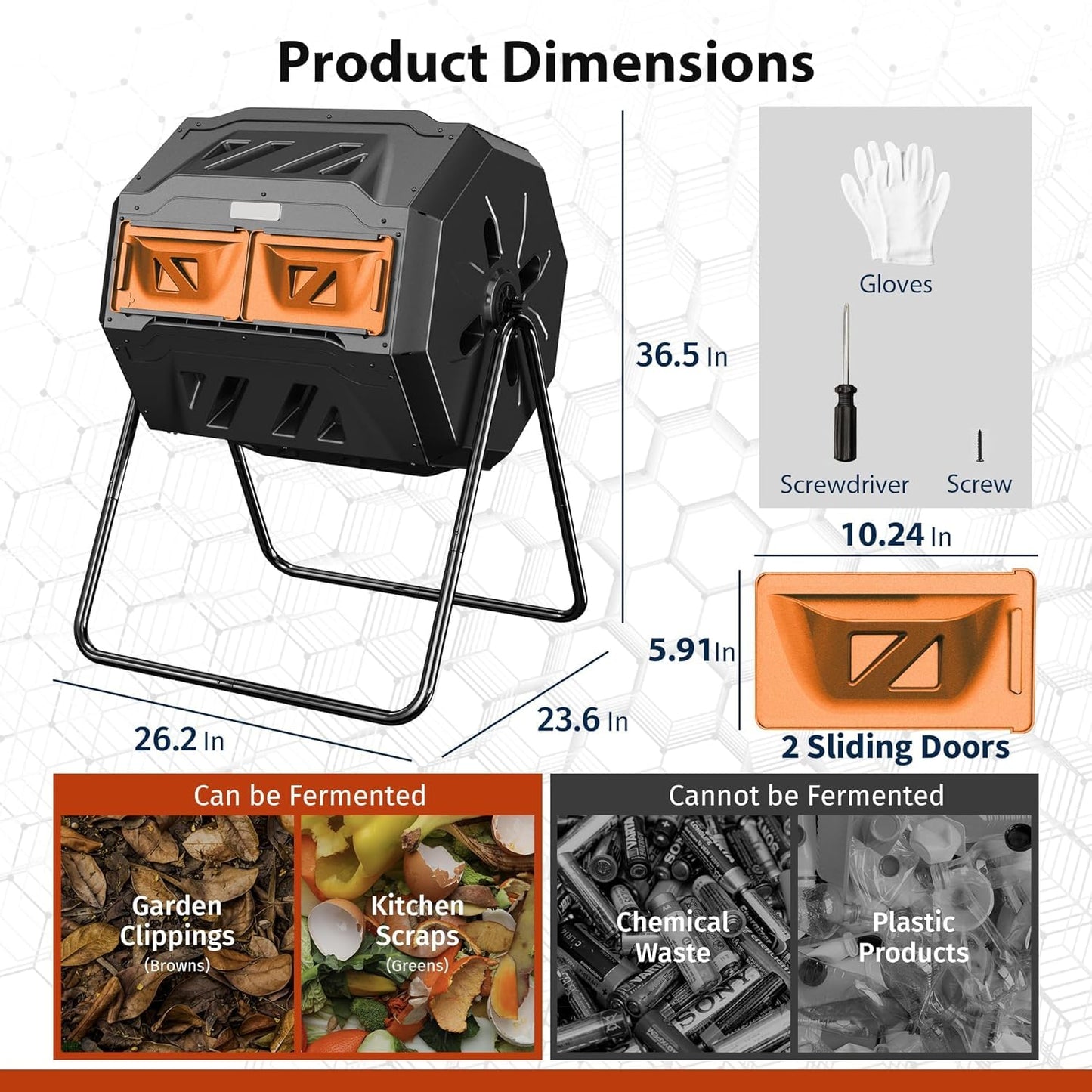 43-Gal Dual Chamber Compost Tumbler Outdoor, 360° Rotating Compost Bin with Steel Frame, Aeration System & 2 Sliding Doors for Kitchen, Garden, Yard - Black Orange