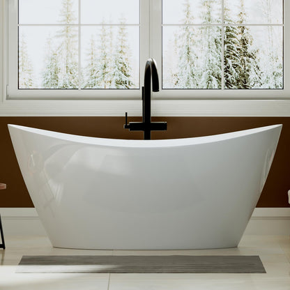 Empava 59" Freestanding Bathtub – Deep Soaking Acrylic Tub for Small Bathroom, Non-Slip Flatbottom, Stress Relief Home Spa, Brushed Nickel Drain & Overflow, Single Adult, Glossy White
