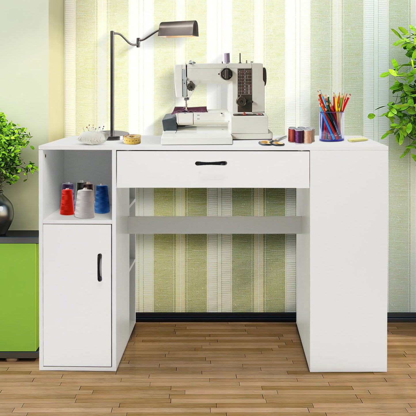 Giantex Craft Table with Storage, Artwork Sewing Table 14 Large & Small Storage Compartments, 1 Sliding Drawer, 1 Cabinet with 2 Shelves, 36'' Counter Height Drafting Writing Sewing Station Desk