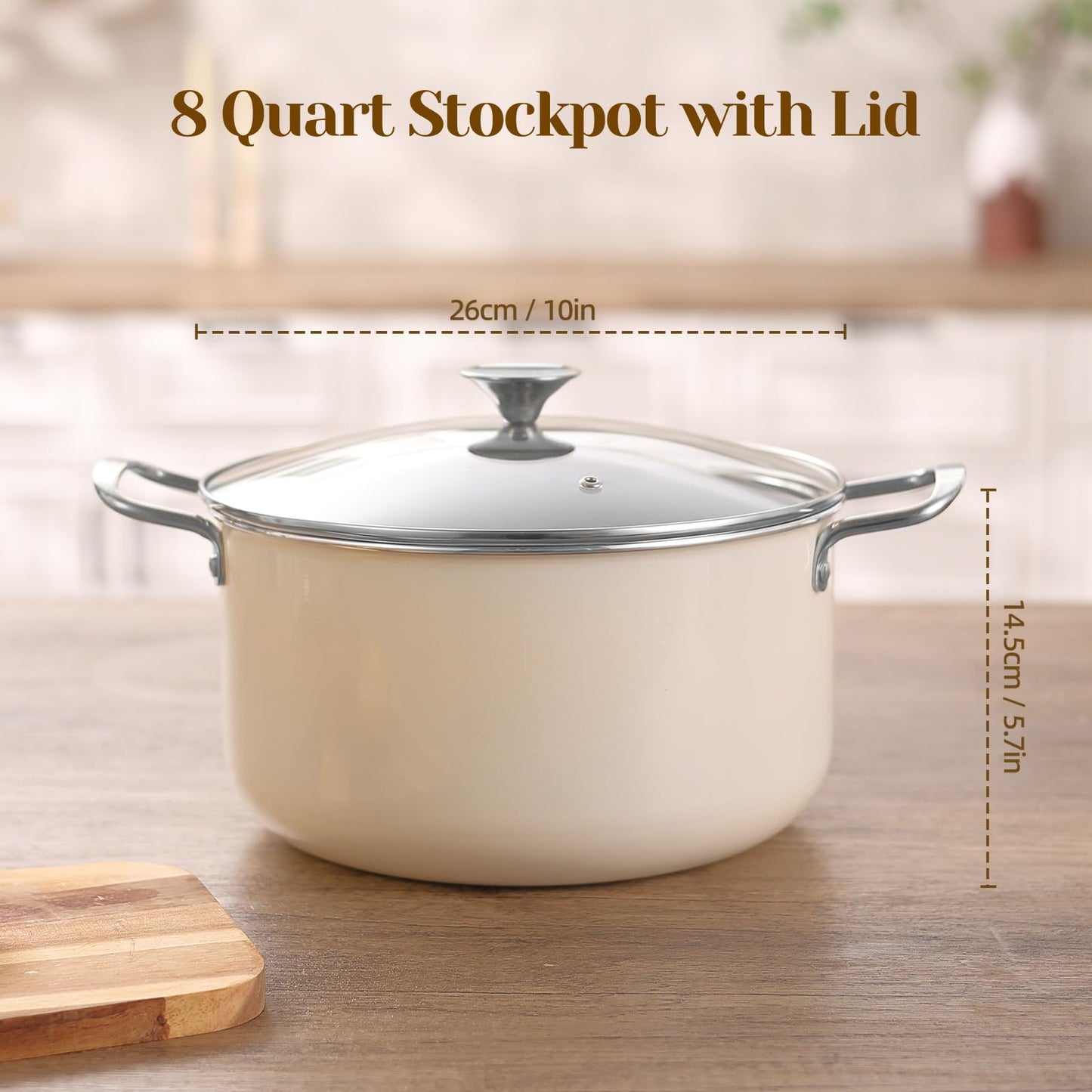 Ceramic Nonstick Stock Pot with Lid 8 QT Large Induction Cooking Pot with Stainless Steel Handles, Non Toxic Soup Pot for Stews, Oven & Dishwasher Safe, Cream White