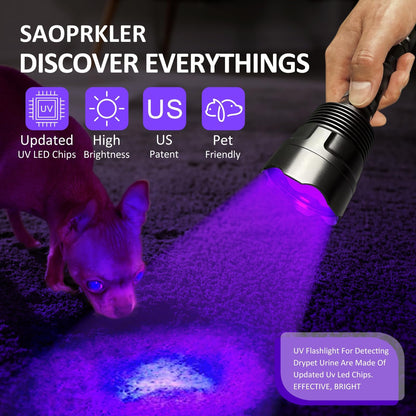SAOPRKLER Black Light 395NM UV Flashlight for Pet Urine Detection, Scorpion Spotting, AC System Inspection and Rock Fluorescence