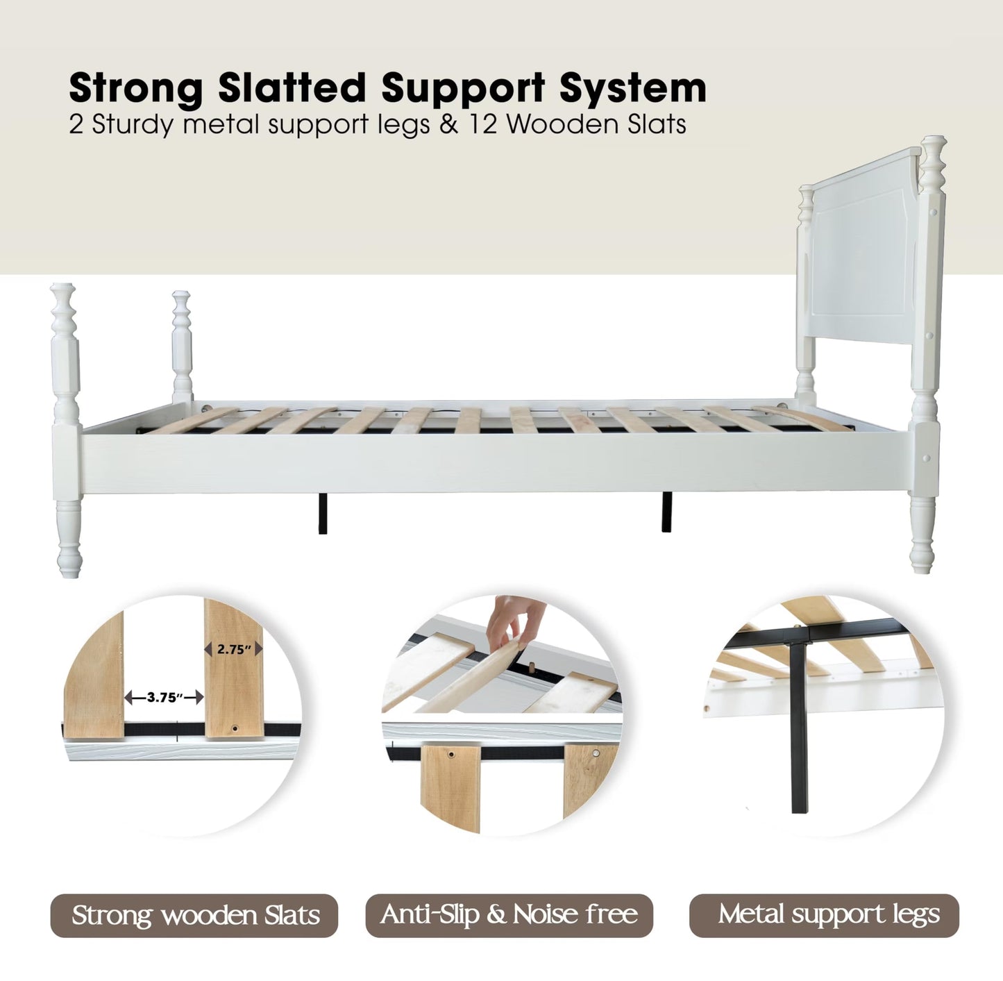 Solid Wood Queen Size Platform Frame, Headboard & Footboard, No Box Spring Needed, 12 Wooden Slats, Center Metal Legs, Slip-Free, Simple Assembly, Under Bed Storage, Pure White Finish, ROQ-39