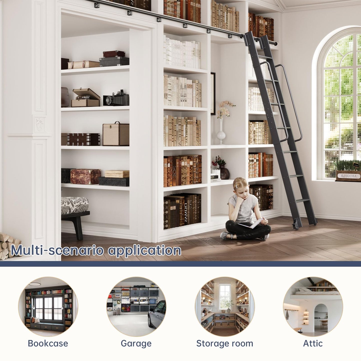 CEAKIAN 8FT Aluminum Rolling Library Ladder with 4FT Sliding Hardware Kit,Telescopic Hook Track with Brake Wheel,7 Steps with Handrail,450lbs Capacity,Black,Easy Assembly,for Loft Bookcase Attic Home