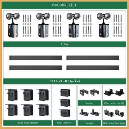 DIYHD 16FT Ceiling Mount Outdoor Double Sliding Barn Door Hardware,Heavy Duty Box Track Kit for Exterior Use,Max Load 300lbs,Fit 2 X48 in Doors (Hardware Only,No Door)