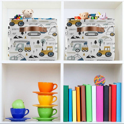 Wamika Excavator Truck Toy Storage Basket Fabric Kitchen Baskets Cars Boys Toys Open Home Storage Bins Boxes Foldable Organizer Bag for Baby Cloth Book Shelf Closet Baskets 16×12×8 Inches