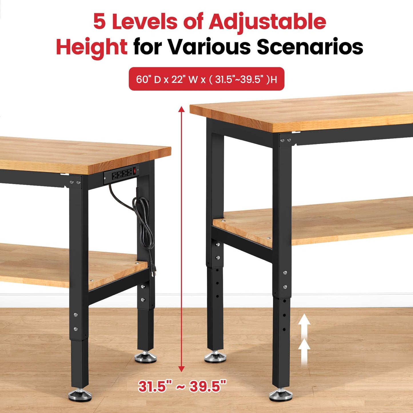ENJOYWOOD 60" x 22" Adjustable Height Workbench with Under Table Shelf Heavy Duty Rubberwood Top Work Table for Garage, Workshop, Office & Home