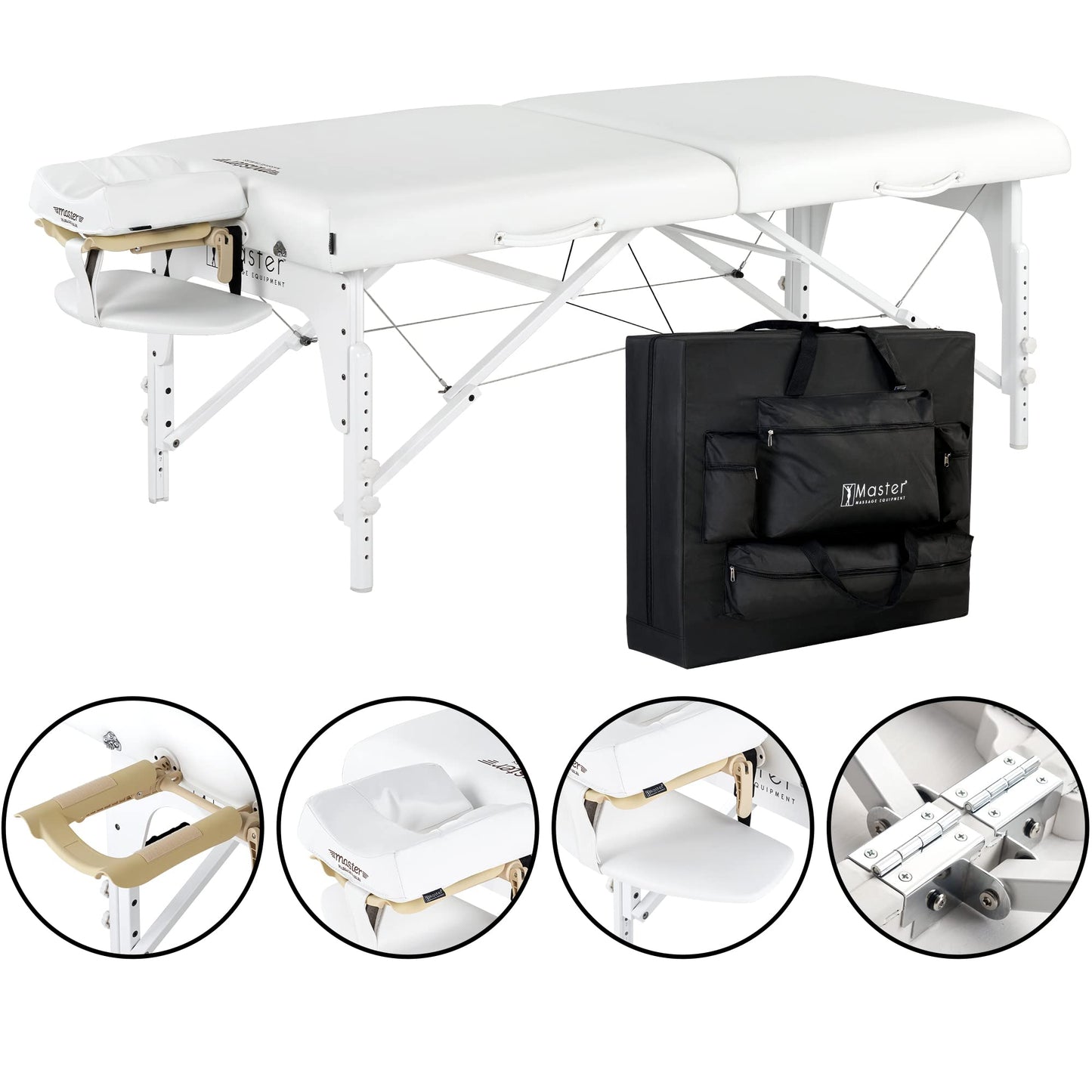 Master Massage 31" Montclair Pro Portable Massage Table Package, Memory Foam Cushioning, Reiki Panels, Shiatsu Cable Release- Tattoo Table, Spa Bed, Facial Bed - White