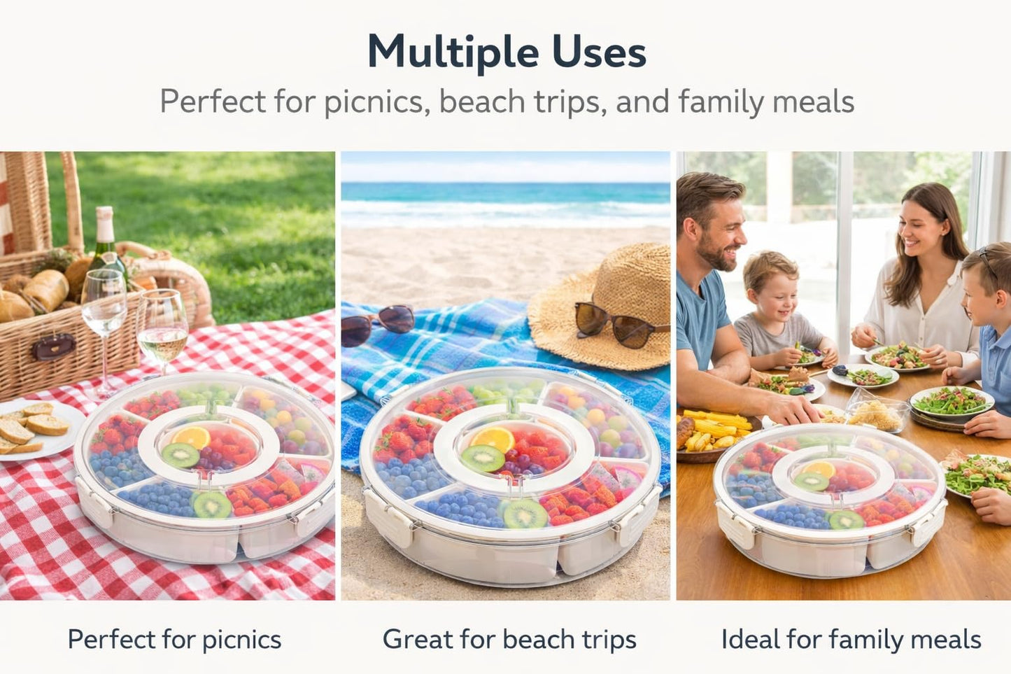 Divided Serving Tray with Lid - Snack Tray - Snack Box - Portable Snackle Box Organizer for Fruit, Salad, Chips & Dip - Lazy Susan Platter with Handle for Parties, Road Trips, Kids & Charcuterie