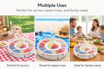 Divided Serving Tray with Lid - Snack Tray - Snack Box - Portable Snackle Box Organizer for Fruit, Salad, Chips & Dip - Lazy Susan Platter with Handle for Parties, Road Trips, Kids & Charcuterie