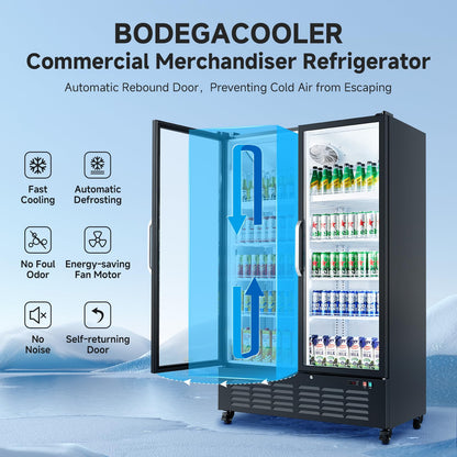 BODEGACOOLER Commercial Merchandiser Refrigerator, 36.8 Cu.Ft Double Glass Door Beverage Cooler, Upright Display Refrigerator with Soft LED Light, Adjustable Shelves, 4 Heavy-Duty Casters, Black