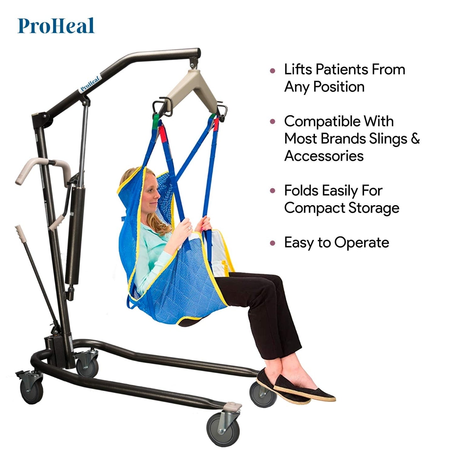 ProHeal Hydraulic Patient Lift - Manual Full Body Lifter for Handicapped, Senior and Immobile Patients - 6 Point Spreader, Chains Included, 450 lbs Capacity