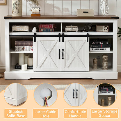 ROCKPOINT 58" Fireplace TV Stand for TV up to 65 Inch with Farmhouse Sliding Barn Doors, Highboy Entertainment Center with Storage Cabinet, 23" Electric Fireplace with Remote, White