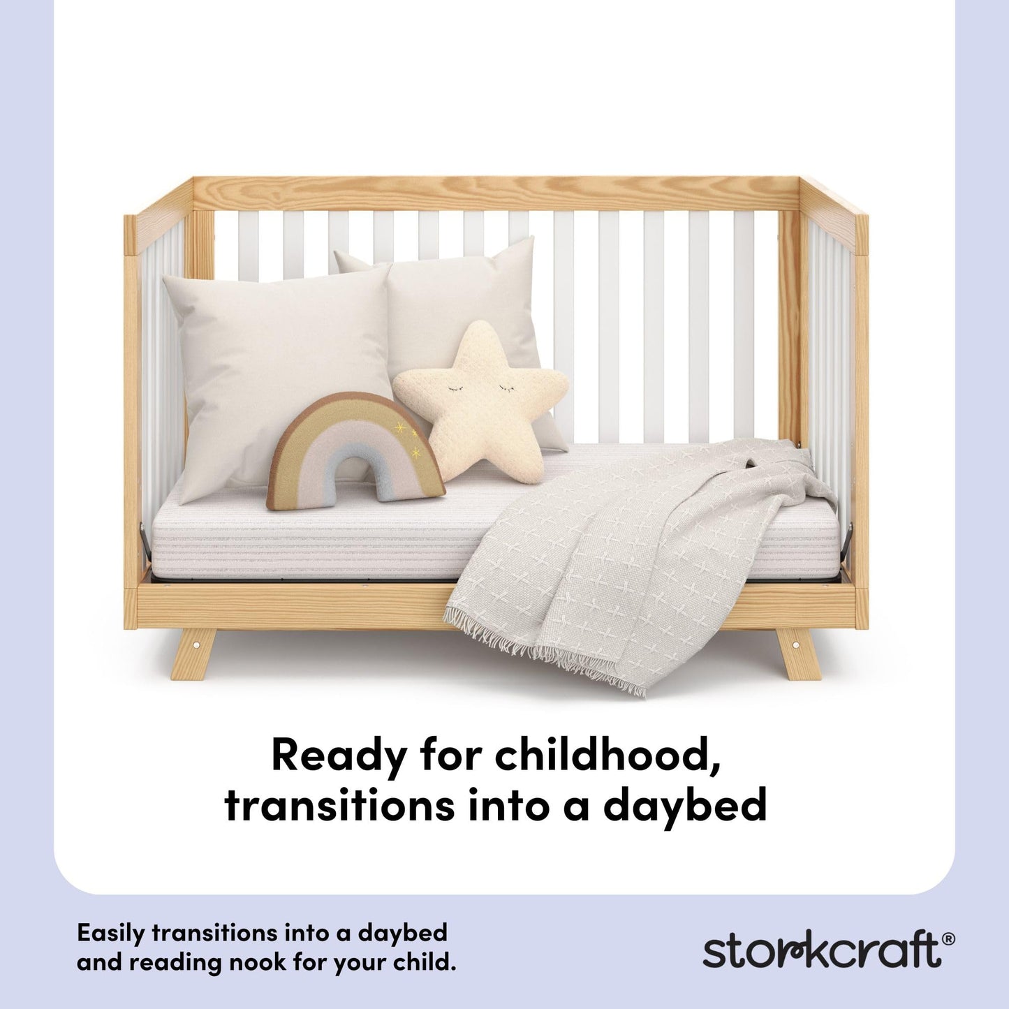 Storkcraft Beckett 3-in-1 Convertible Crib – GREENGUARD Gold Certified, Fits Standard Crib Mattress, Converts to Toddler Bed and Daybed, 4 Mattress Heights, Grow-with-Me Design (Natural and White)