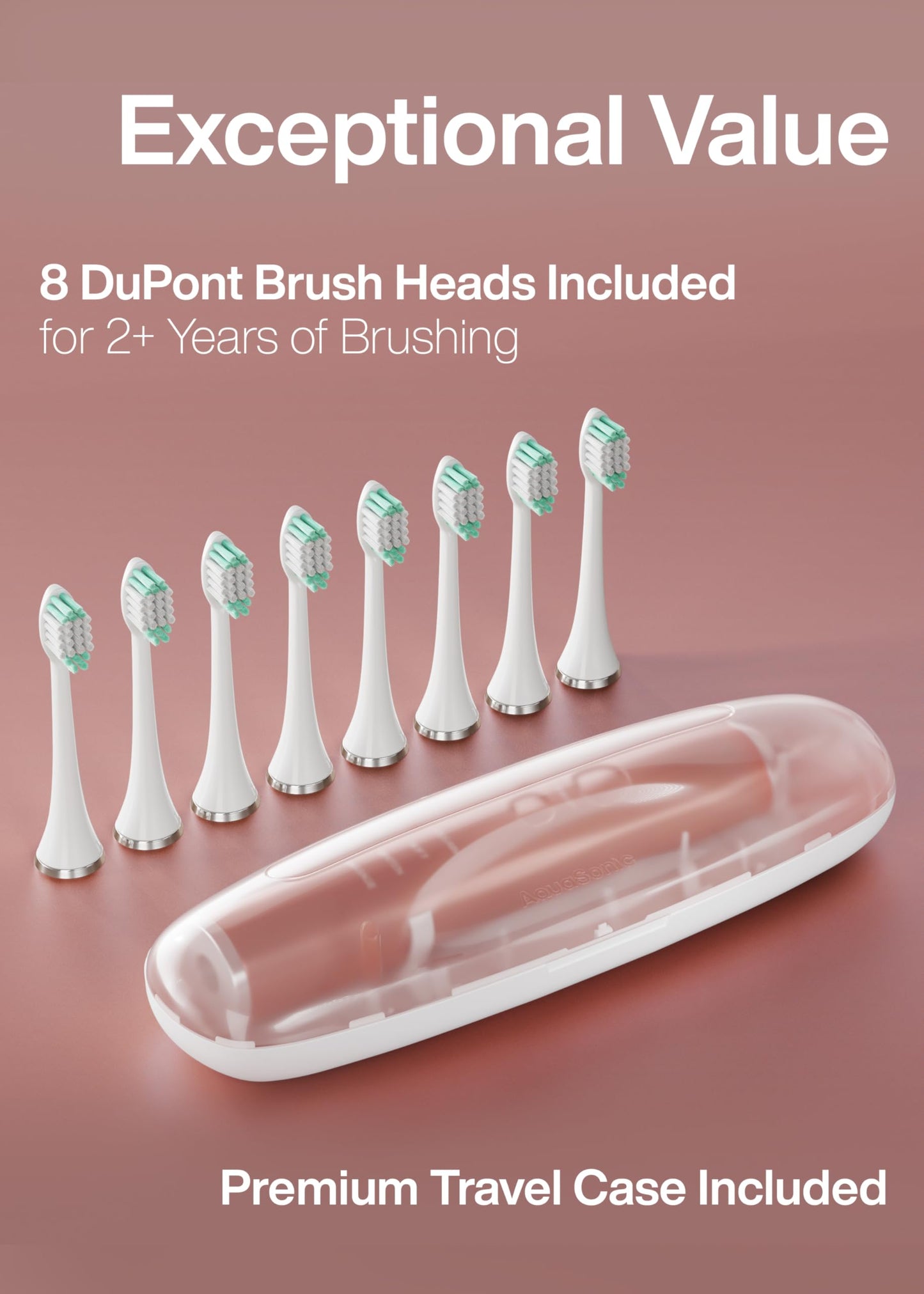 Aquasonic Vibe Series Ultra-Whitening Toothbrush – ADA Accepted Electric Toothbrush - 8 Brush Heads & Travel Case – 40,000 VPM Motor & Wireless Charging - 4 Modes w Smart Timer – Satin Rose Gold
