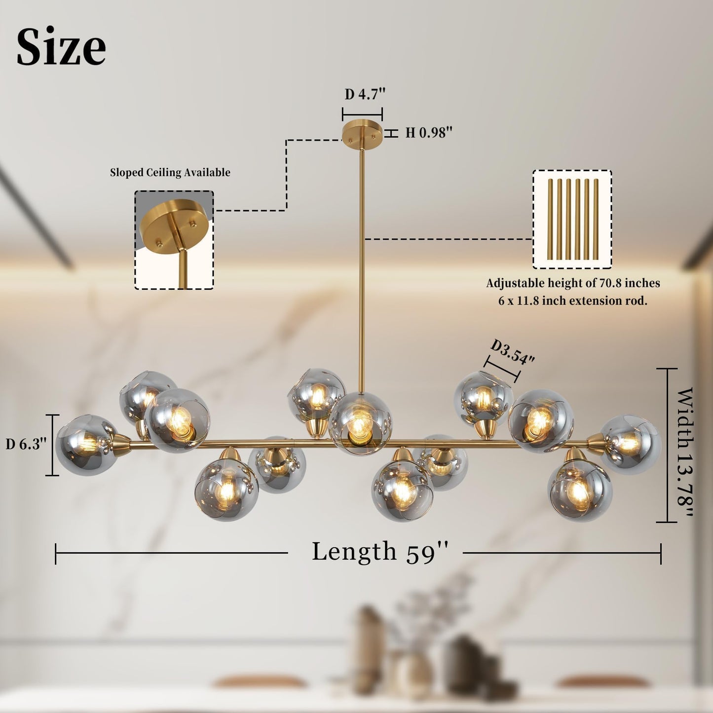 Lzawvm Linear Chandeliers Dining Room Gold Sputnik Chandelier 13-Lights Modern Glass Globe Chandelier 59 Inch 13 Lights Linear Dining Room Light Fixture