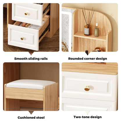 Arulvmrn 43" Makeup Vanity Desk with Mirror and Lights, & Power Outl, Glass Top Big Vanity Table with 9 Drawers& 8 Storage Shelves, Dressing Table Set with Chair for Bedroom, Oak