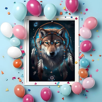 AUKVLZS 5D The Dreamcatcher's Wolf Diamond Painting Kits Native American for Adults, Full Round Diamond Art Craft, Personalized Wall Decoration, Gift for Any Occasion 12x16 inch