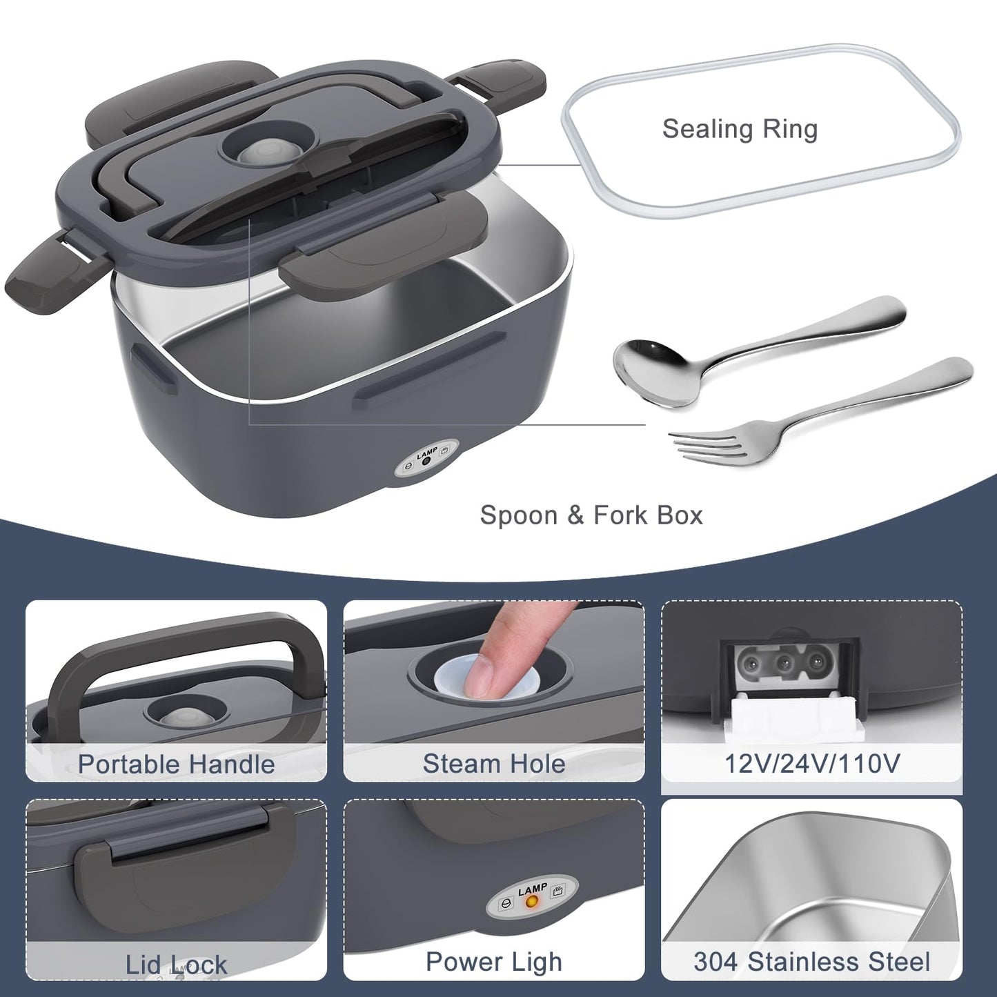 Carsolt Electric Lunch Box Food Heater for Adults 80W Portable Food Warmer for Car/Home 1.5L Heated Lunch Box for Adults, 12V/24V/110V Loncheras para Hombres de Trabajo lonchera eléctrica portátil