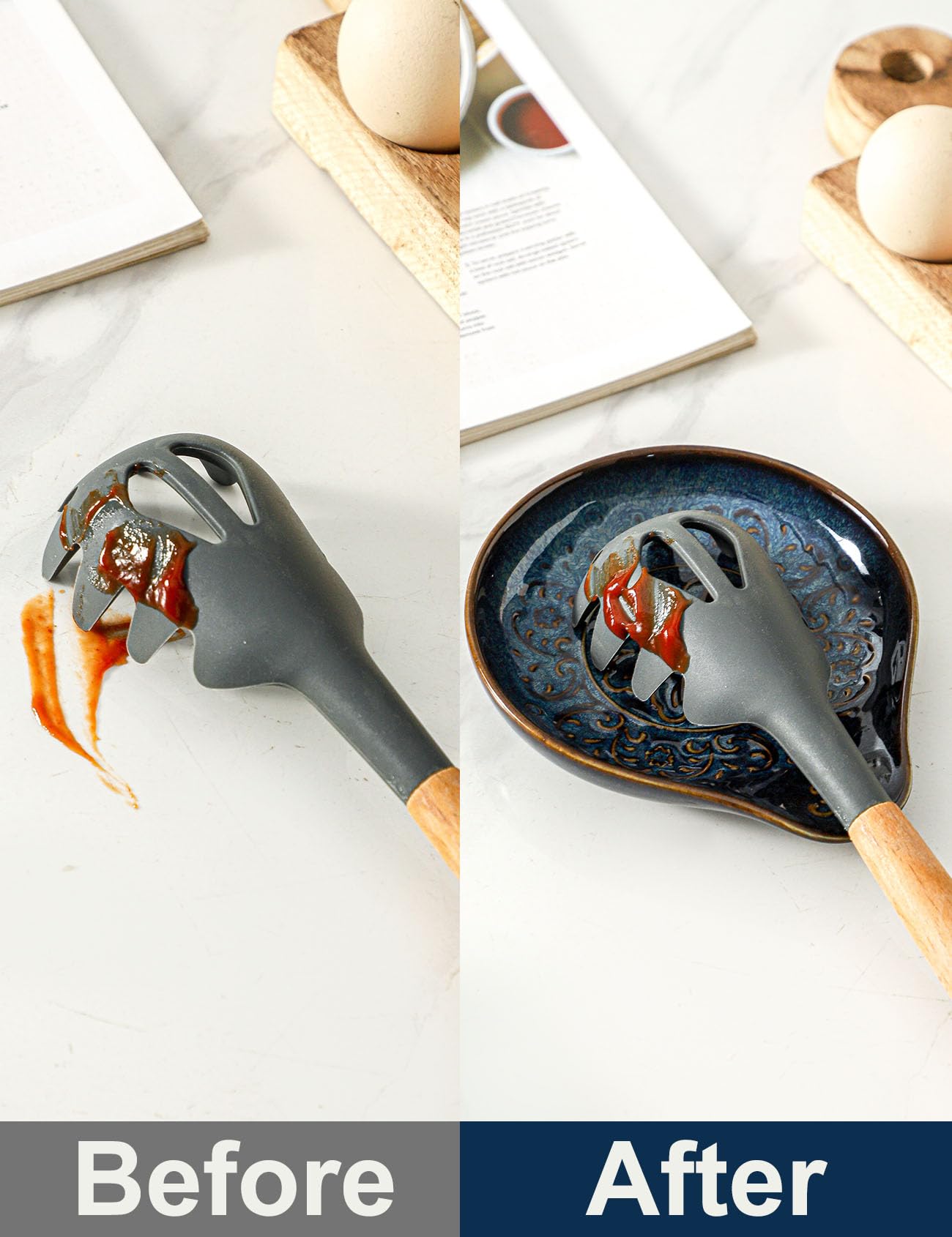 Ryfog Spoon Rest for Stove Top, Ceramic Cooking Spoon Holder for Kitchen Counter, Farmhouse Cooking Utensil Holder for Spoons, Ladles, Spatula, Glazed Blue