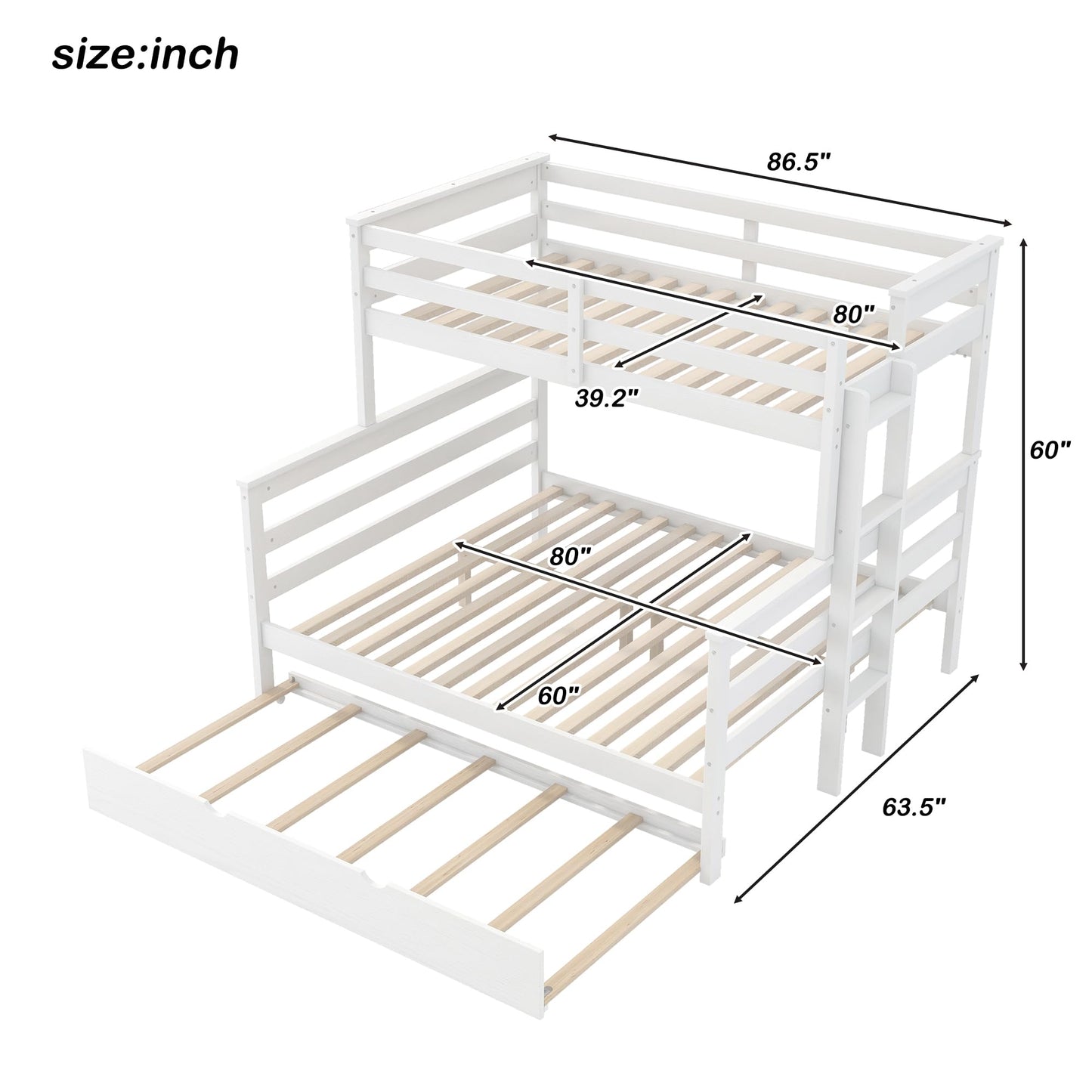 Merax Twin XL Over Queen Bunk Bed Wood Detachable Bunk Bed with Trundle & Ladder, Multifunction Bunk Bed with Full Length Gardrails, No Box Spring Needed,Space Saving,White